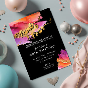 Paint & Pour Birthday Invitation | Editable 5x7 Art Party Template | Gold Foil Evite
