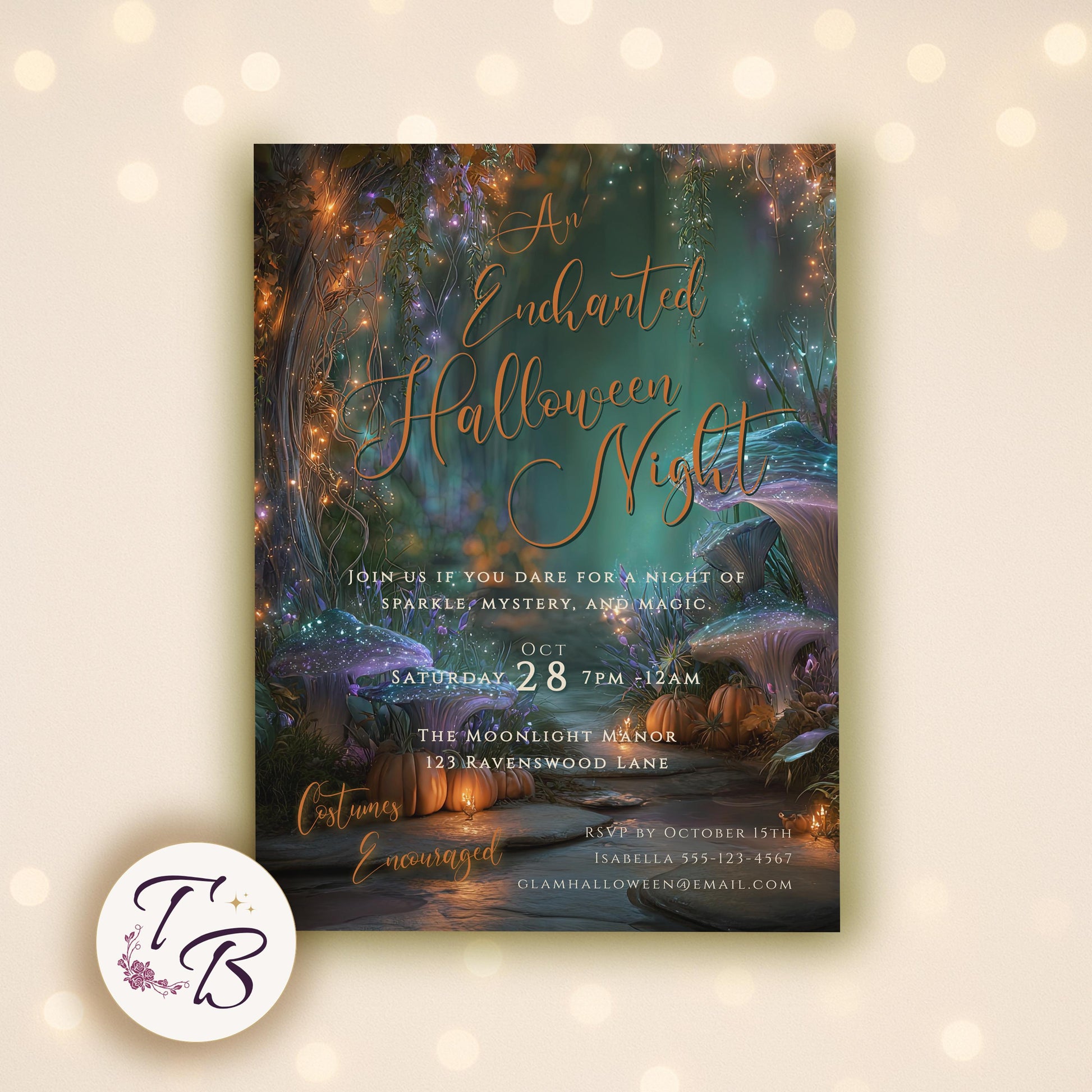 Halloween Party Invitation – Editable Pumpkin Template | Glam Enchanted Forest Invite