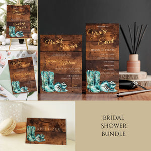 Teal Cowgirl Bridal Shower Invitation Bundle | Rustic Western Editable Templates