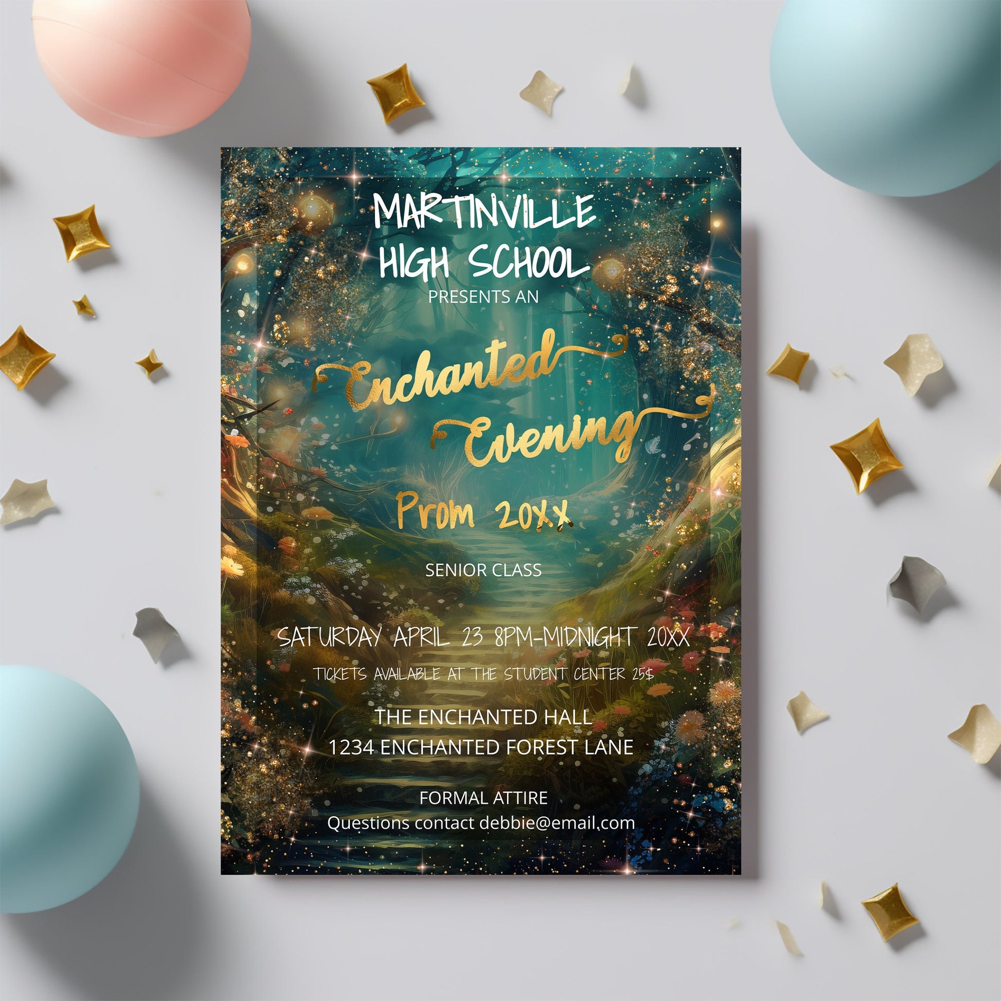Enchanted Forest Prom Bundle | Invitation, Flyer & Ticket Editable Templates