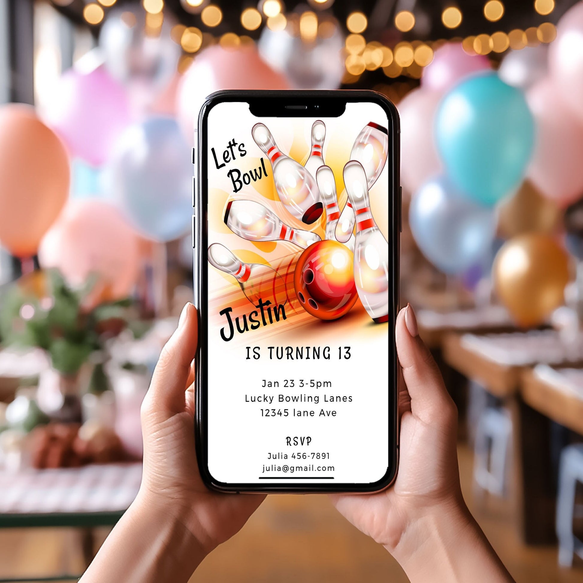 Mobile Bowling Birthday Invitation: Editable Smartphone Template (Bonus Thank You)