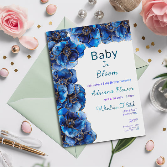 Blue Floral Baby Shower Invitation: Alcohol Ink Flowers (Digital Download)