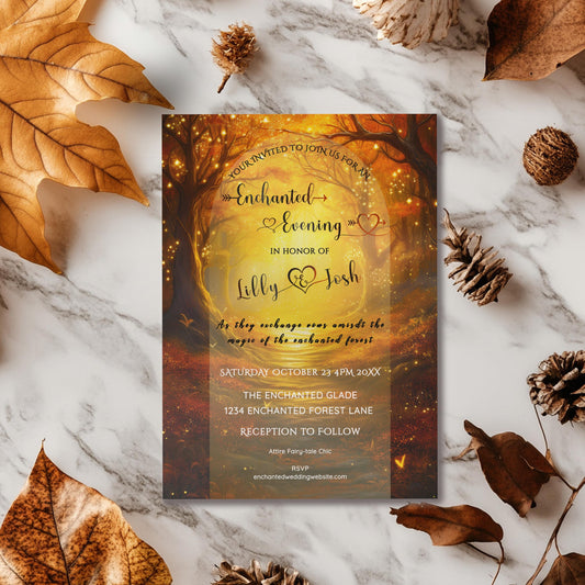 Fall Forest Wedding Invitation – Editable Gold Foil Rustic Invite Template