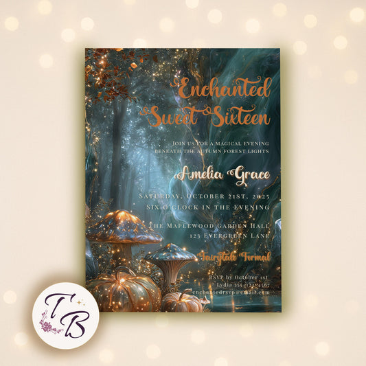 Fall Sweet 16 Invitation - Editable Autumn Birthday Invite With Enchanted Forest Design