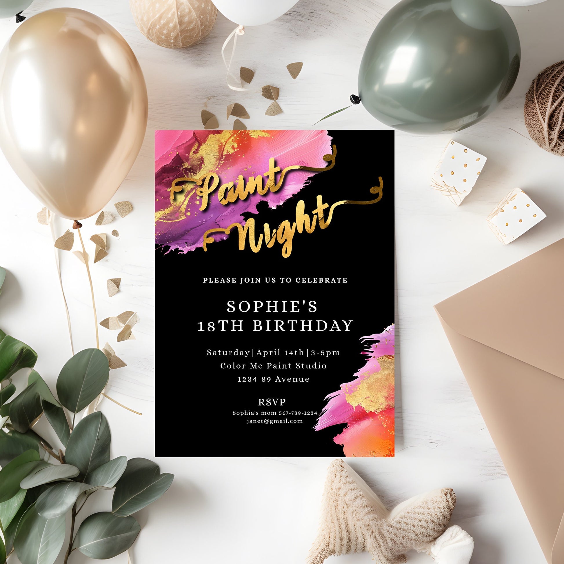 Paint Night Birthday Invitation | Colorful Editable 5x7 Template | Gold Foil Party Evite
