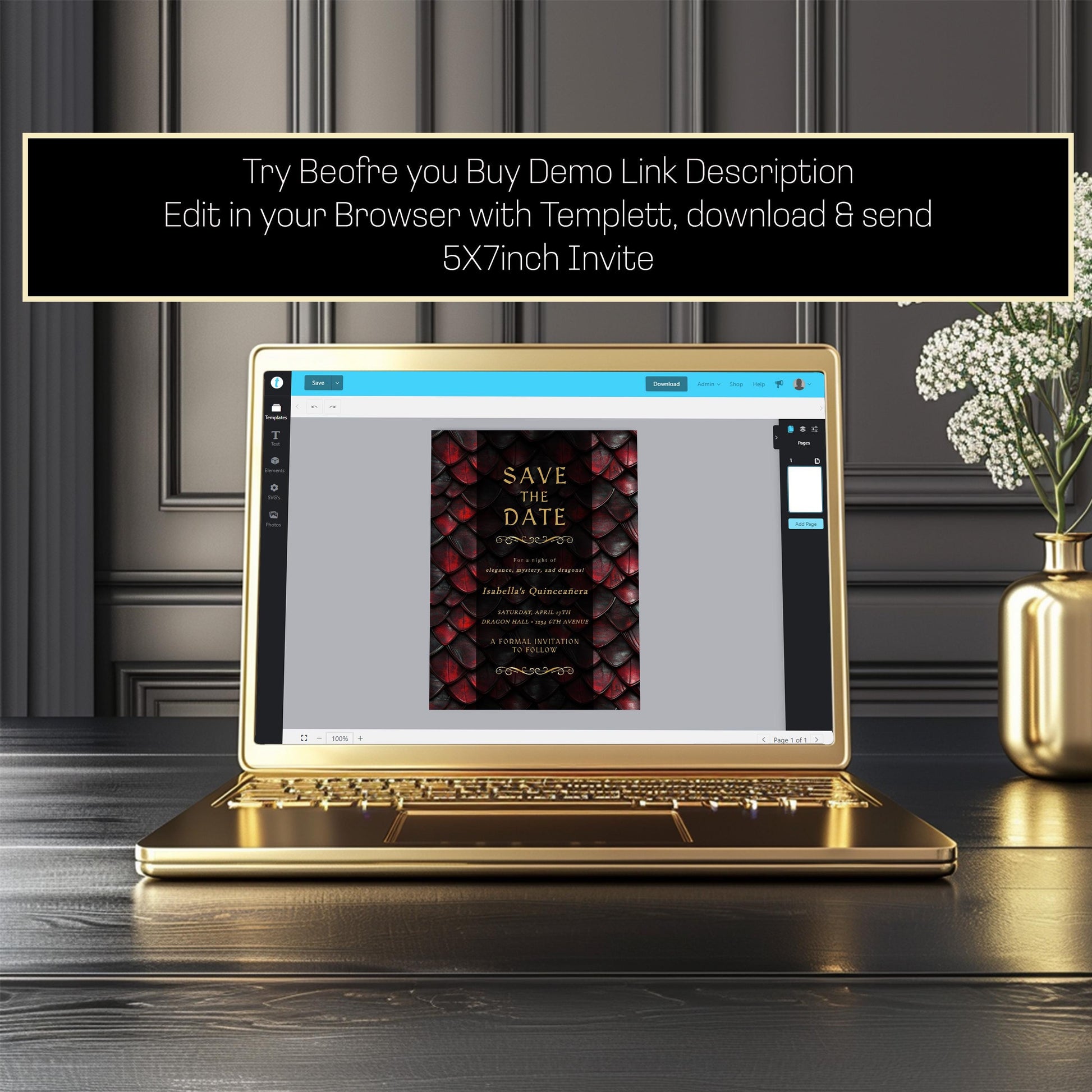 Editable Dragon Quinceañera Save the Date | Red, Black & Gold Fantasy Template (5x7")