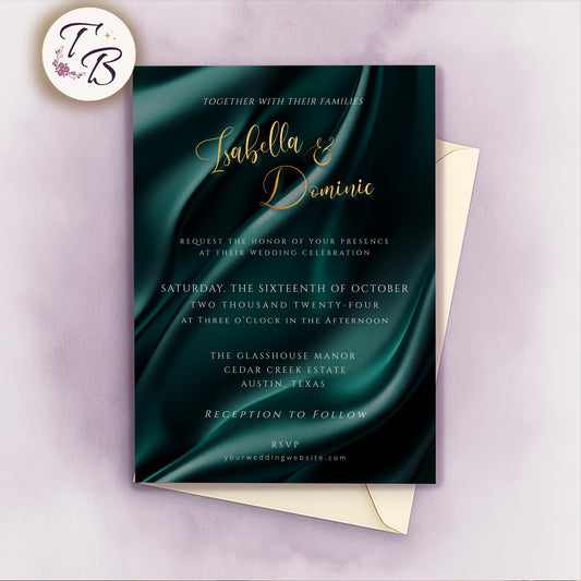 Teal Gold Wedding Invitation – Editable Luxury Invite With Satin Background & Gold Lettering
