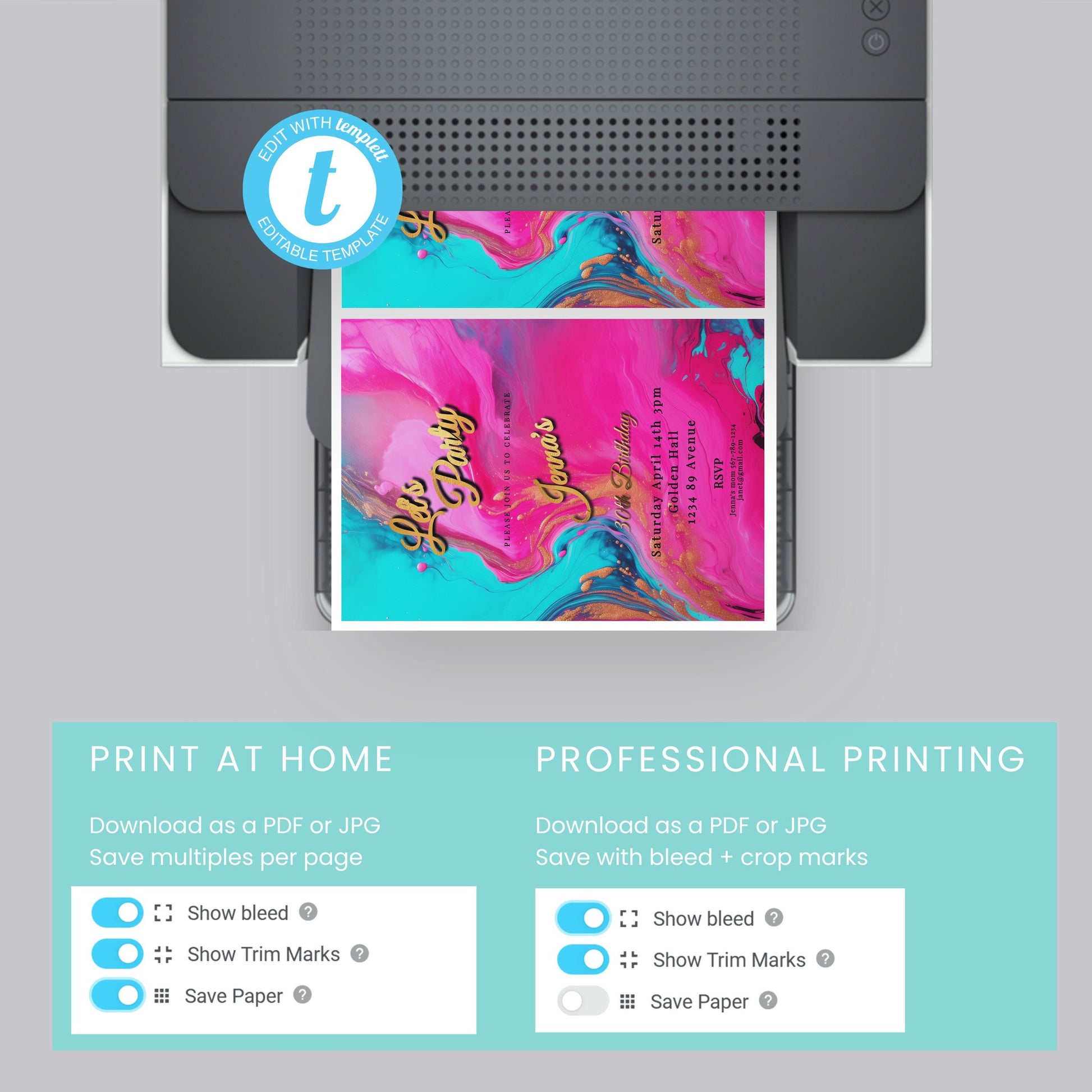 Hot Pink, Teal & Gold Birthday Editable Invitation 5x7in -brunch invite-Editable, Printable - style