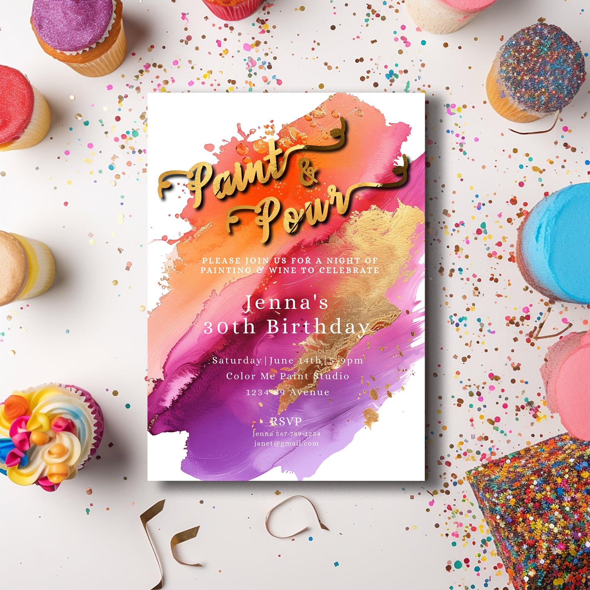 Paint & Pour Birthday Invite-Paint Night-Paint and Sip-Pour-Orange-Pink-Purple-Gold-Editable, Printable- elegant-Art Party-Girls Night out