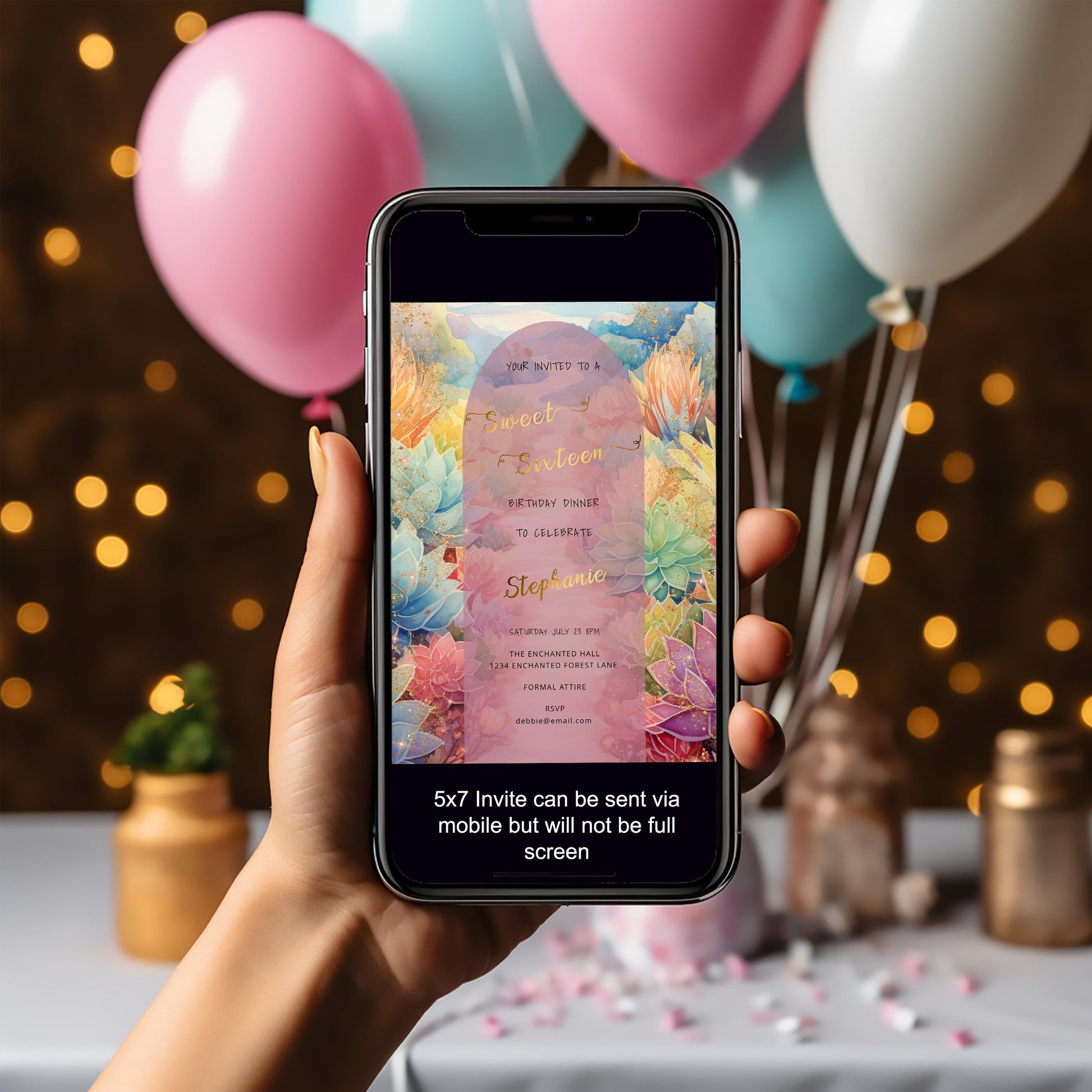 Succulent Garden Sweet 16 Invitation | Editable Watercolor Template | Elegant 5x7 Digital Download
