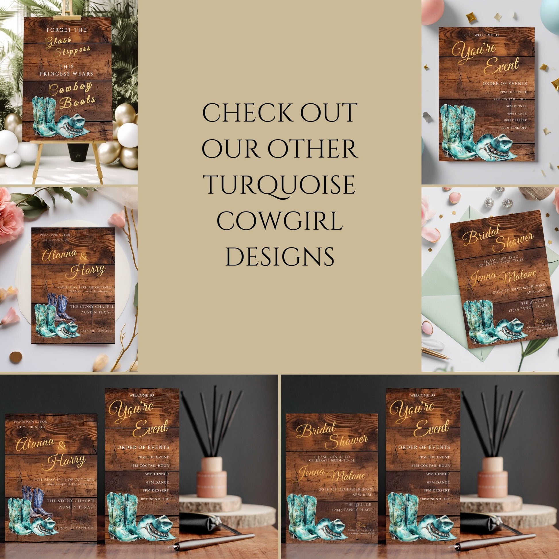 Turquoise Cowgirl Wedding Invite, RSVP & Details Card-Western Rustic Wedding-cowgirl boots-Template Editable - Gold Lettering, Printable