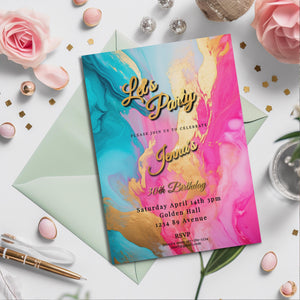 Hot Pink, Teal & Gold Birthday Editable Invitation 5x7in -brunch invite-Editable, Printable - style