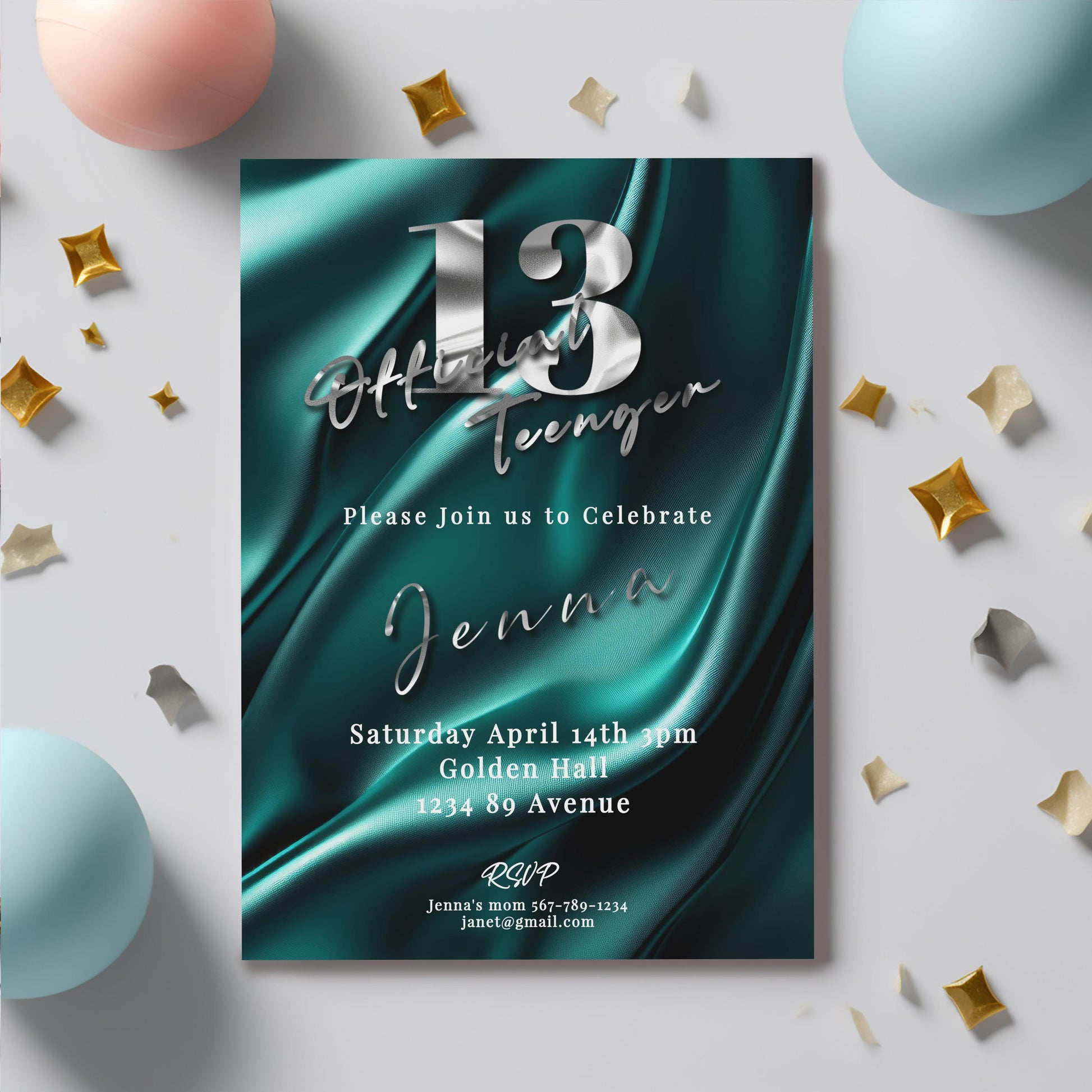 Teal & Silver 13th Birthday Invitation – Editable Teen Party Template