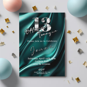 Teal & Silver 13th Birthday Invitation – Editable Teen Party Template