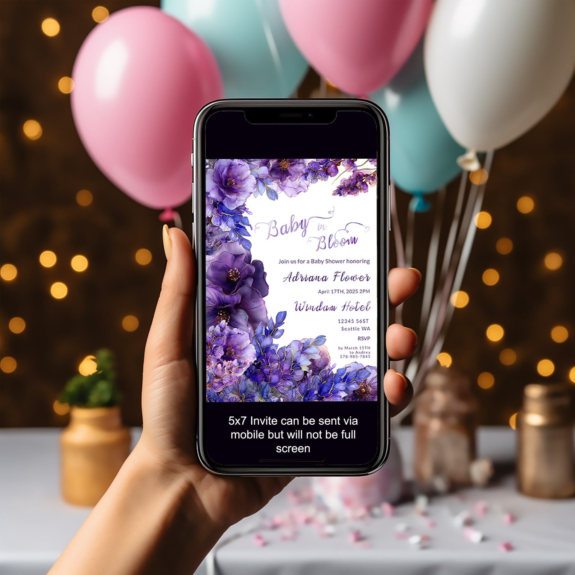 Purple Floral Baby Shower Invitation – Editable Digital Template