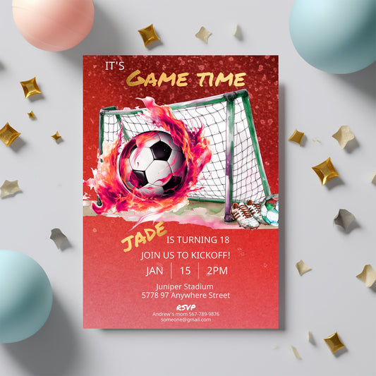 Red & Gold Soccer Birthday Invitation: Editable Template (5x7 Printable)