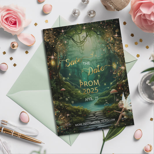 Enchanted Forest Save the Date – Green & Gold Editable Template