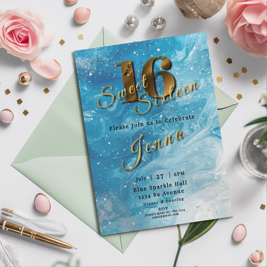 Light Blue Sweet 16 Invitation – Silver Glitter Editable Template