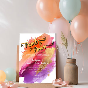 Paint & Pour Birthday Invite-Paint Night-Paint and Sip-Pour-Orange-Pink-Purple-Gold-Editable, Printable- elegant-Art Party-Girls Night out