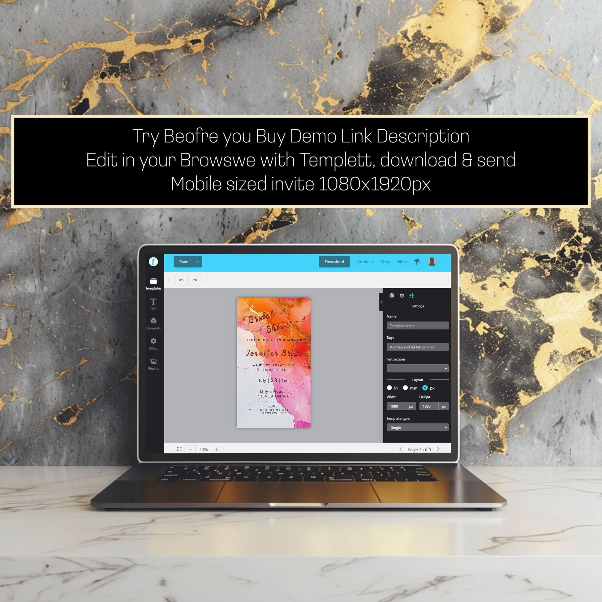 Hot Pink and Orange Bridal Shower Invitation 5x7in -brunch invite-Editable, Printable -Gold- elegant-Alcohol Ink-Mobile