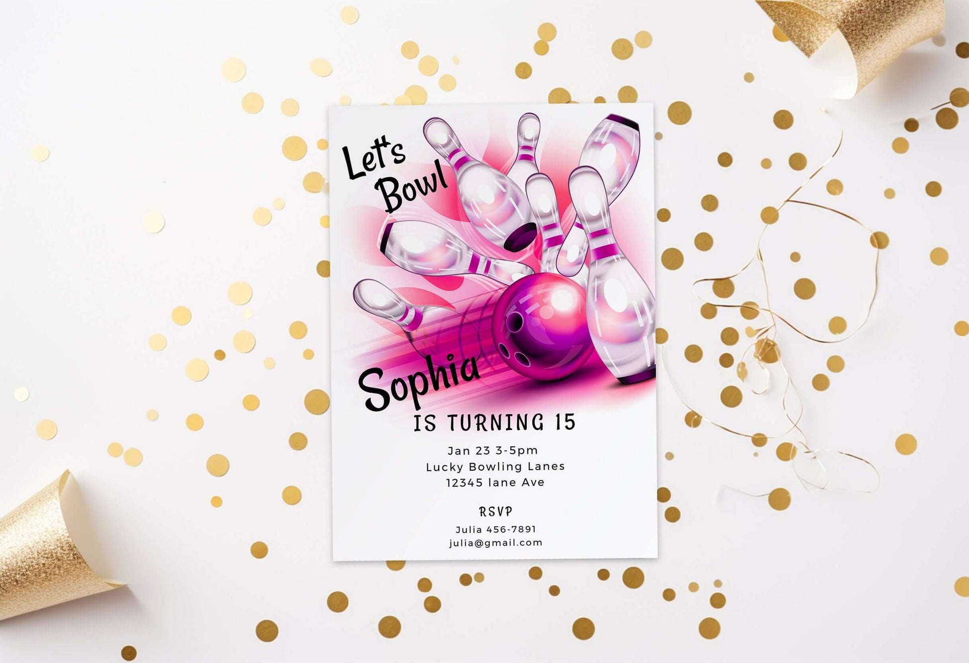 Bowling Party Invitation – Editable Digital Template featuring bowling pins and a bowling ball design.