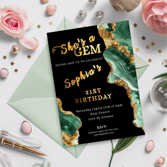 Green & Gold Geode Birthday Invitation | Elegant Crystal Editable Template | Printable 5x7 Party Invite