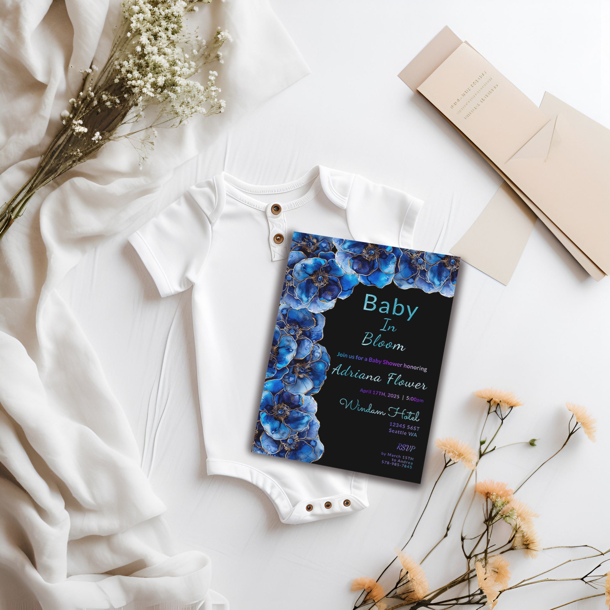 Blue Floral Baby Shower Invitation | Alcohol Ink Editable 5x7 Template | Baby in Bloom Digital Download