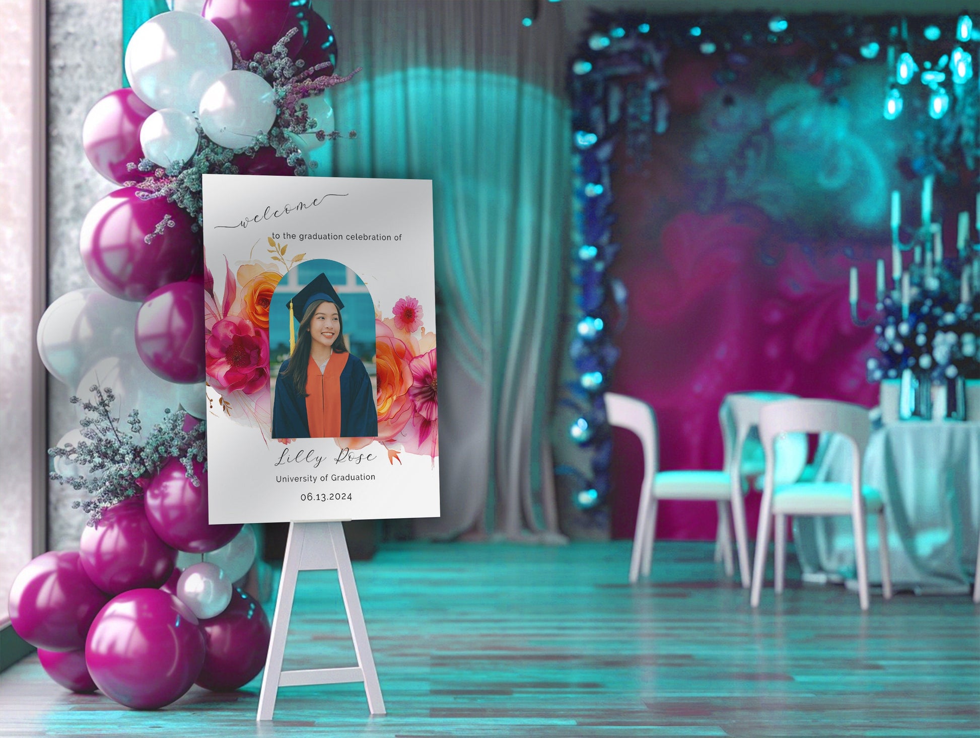 Pink Orange Graduation Welcome sign-High School Grad-College Graduation-University Grad Poster-Class of 2024-Editable Photo Arch-Florals