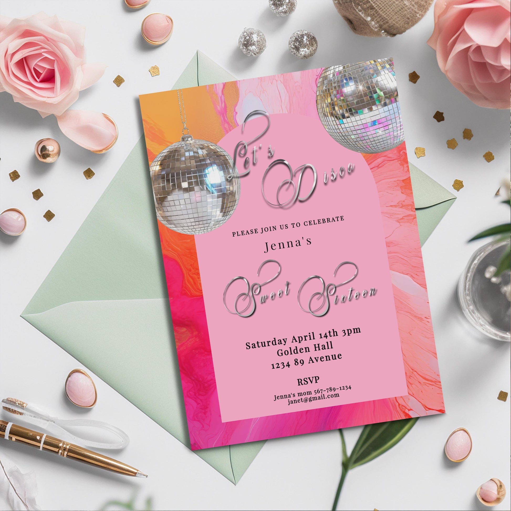 Sweet 16 Disco Birthday Invitation: Retro Hot Pink & Orange (Printable)