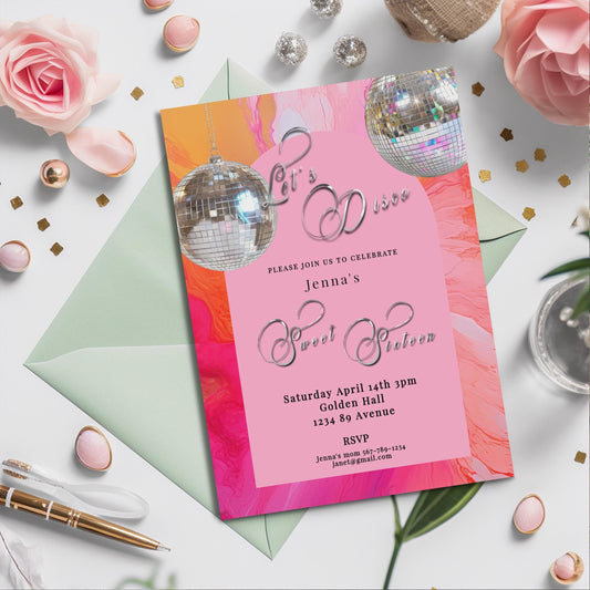 Sweet 16 Disco Birthday Invitation: Retro Hot Pink & Orange (Printable)
