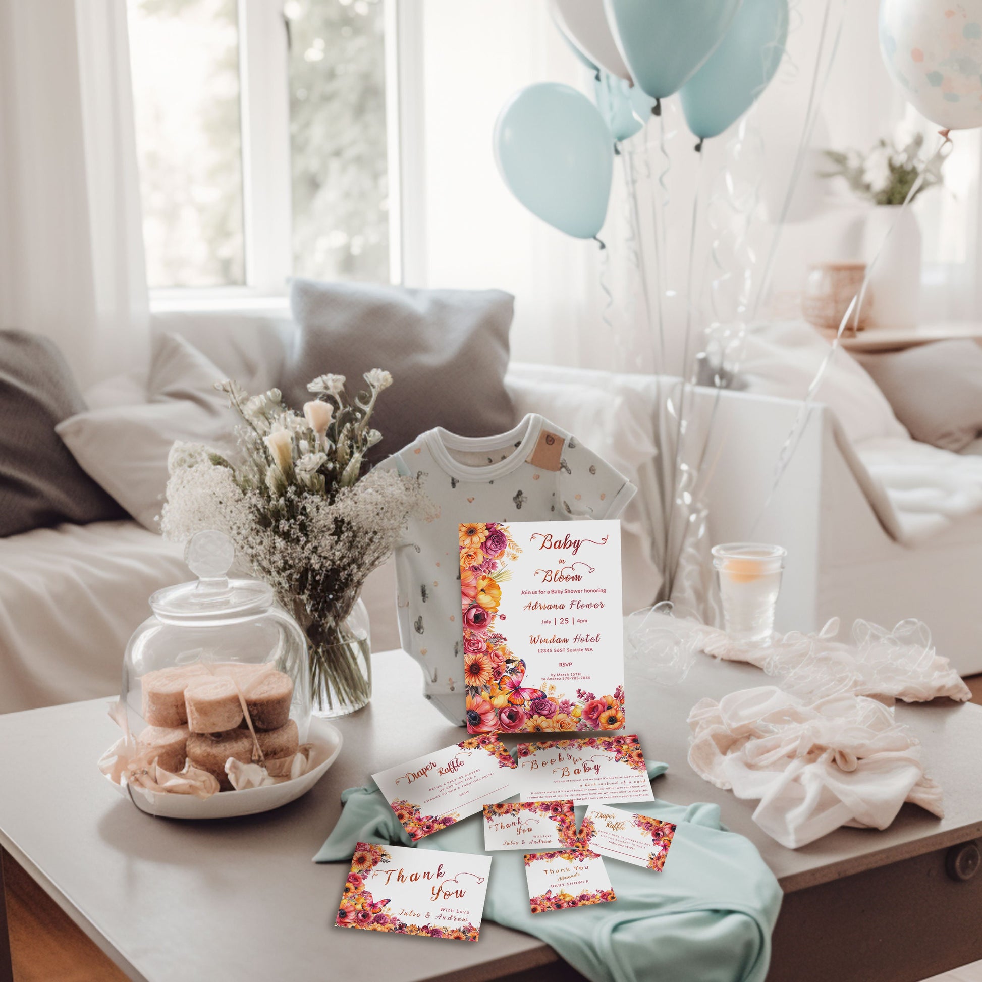 Hot Pink & Orange Baby Shower Bundle | Floral Editable Templates