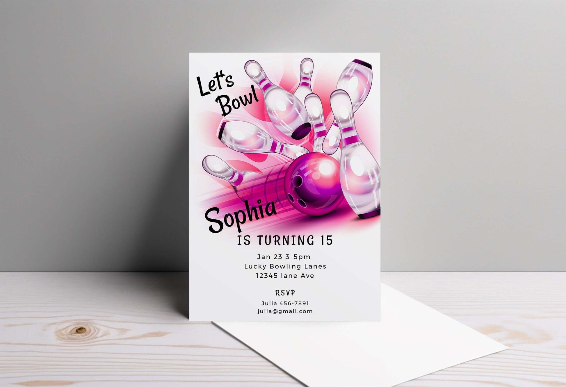 Bowling Party Invitation – Editable Digital Template featuring colorful bowling pins and ball for a fun birthday celebration.