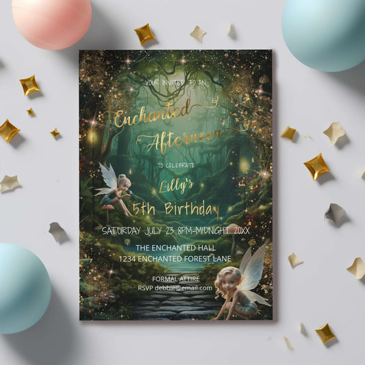 Enchanted Forest Birthday Invitation – Emerald Green Fairy Tale featuring fairies and a magical forest background.