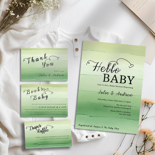Baby Shower Invitation | Sage Green Watercolor Invitation Set - Editable Digital Bundle