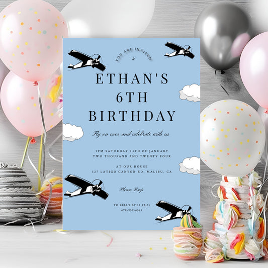 Vintage Airplane Birthday Invitation & Thank You Tags | Editable Printable Templates