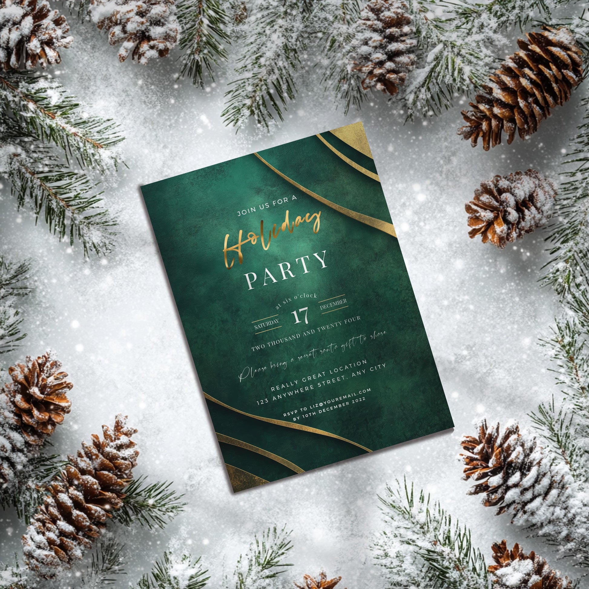 Emerald Green and Gold Christmas Holiday Party Invite 5x7 - Instant Download,  Formal party invitation