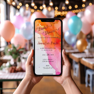 Hot Pink and Orange Bridal Shower Invitation 5x7in -brunch invite-Editable, Printable -Gold- elegant-Alcohol Ink-Mobile