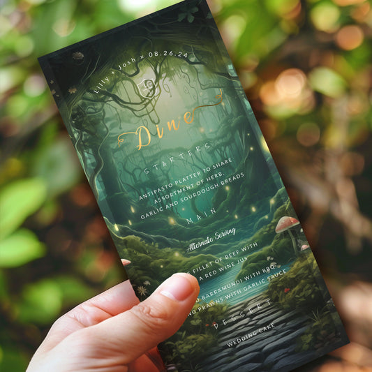 Editable Enchanted Forest Wedding Menu Card | Fairytale Garden Template 4x9in