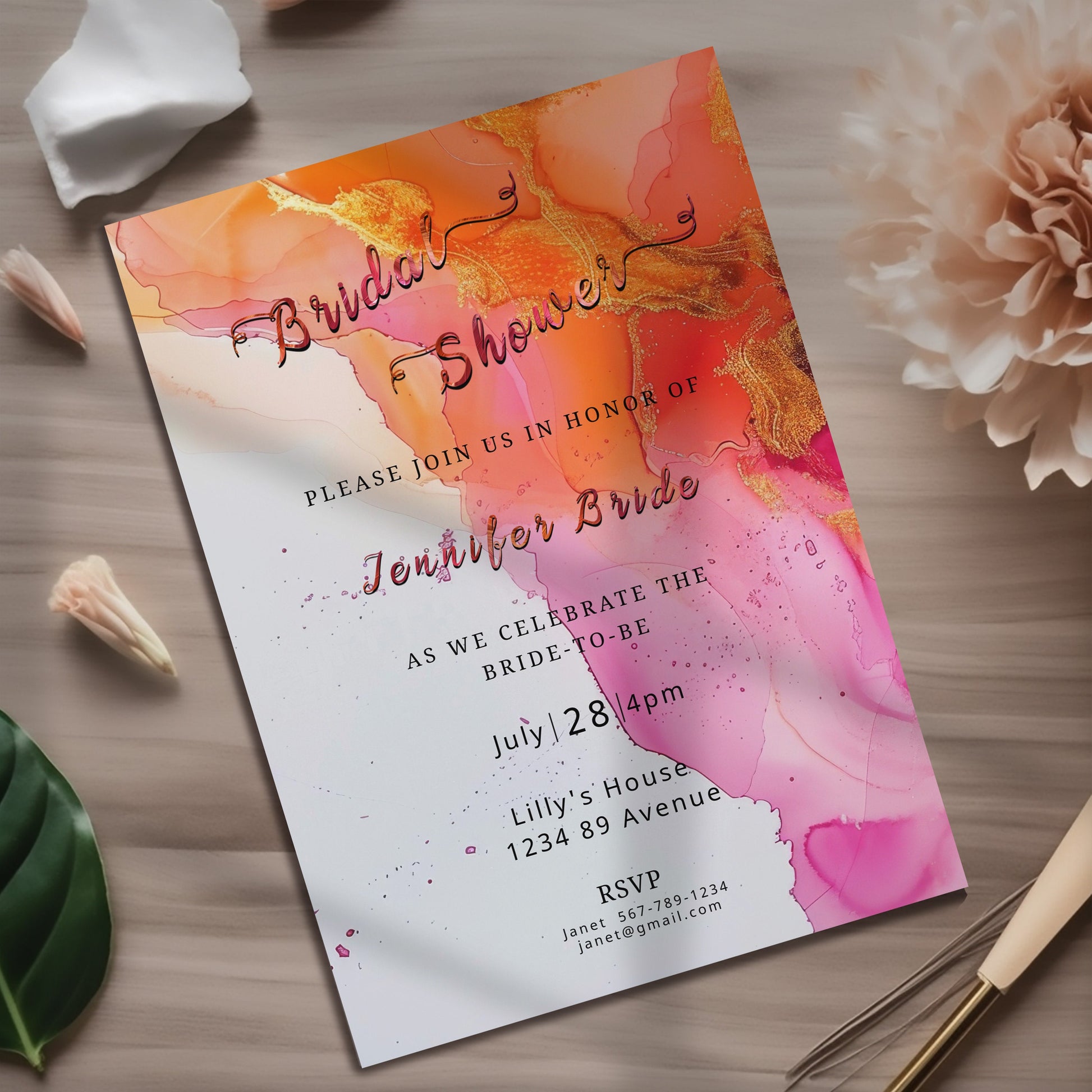 Hot Pink & Orange Baby Shower Invitation Editable Alcohol Ink Invite Template
