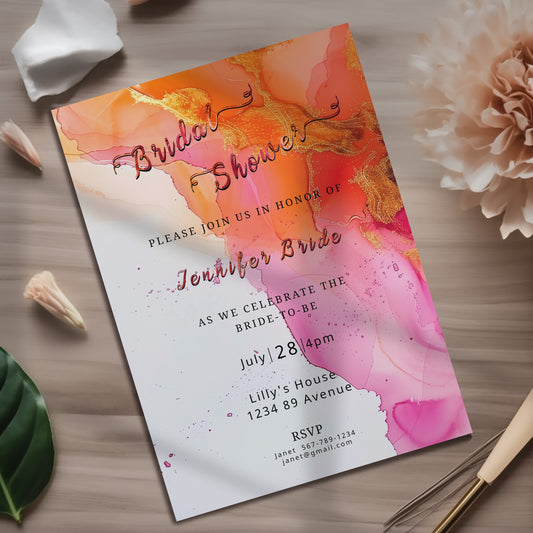 Hot Pink & Orange Baby Shower Invitation Editable Alcohol Ink Invite Template