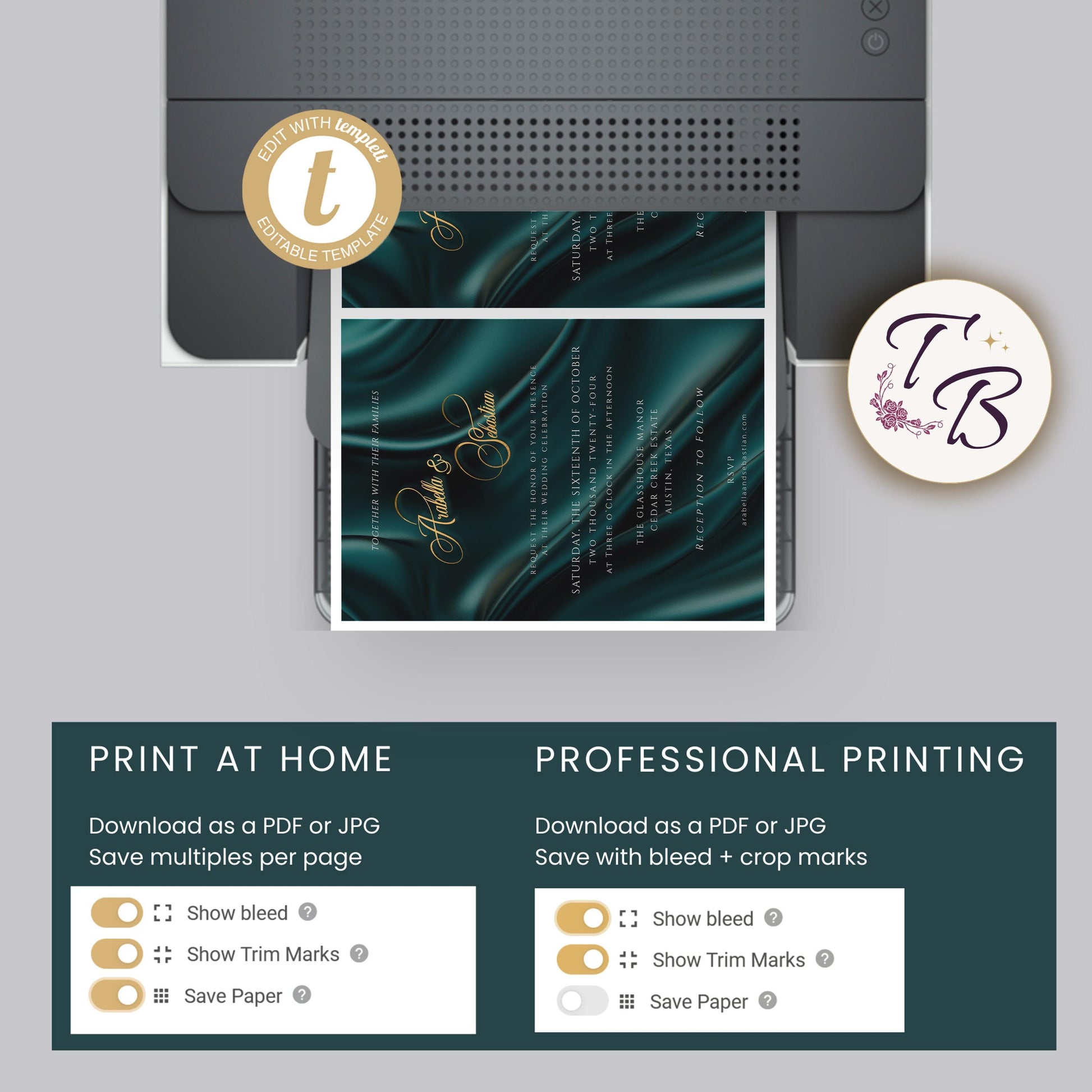 Teal Gold Wedding Invitation - Editable Printable 5x7 Card with Gold Foil Lettering