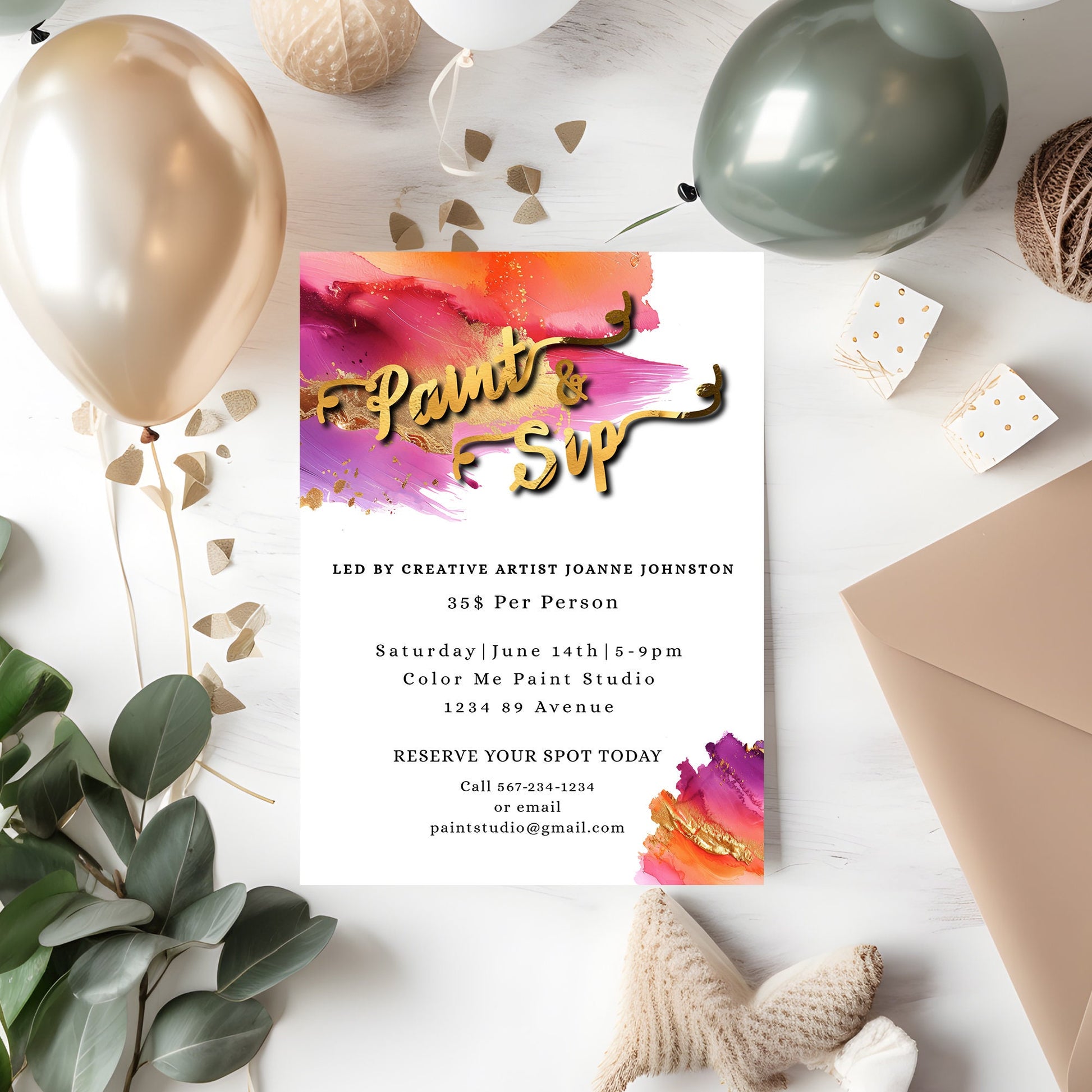 Paint & Sip Invitation – Elegant Art Party Editable Template