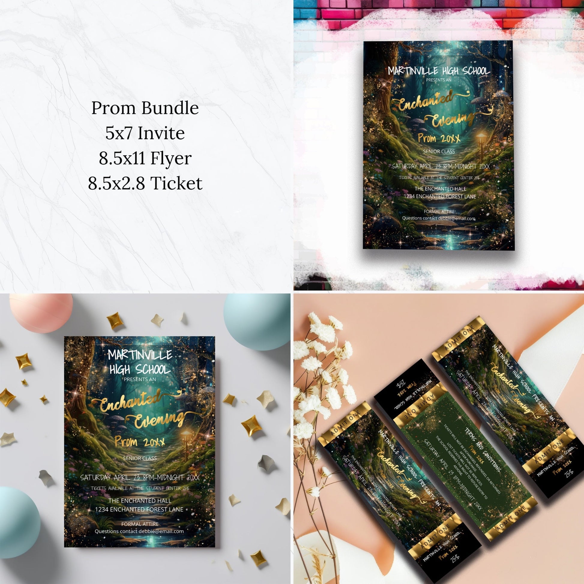Enchanted Forest Prom Bundle | Invitation, Flyer & Ticket Editable Templates