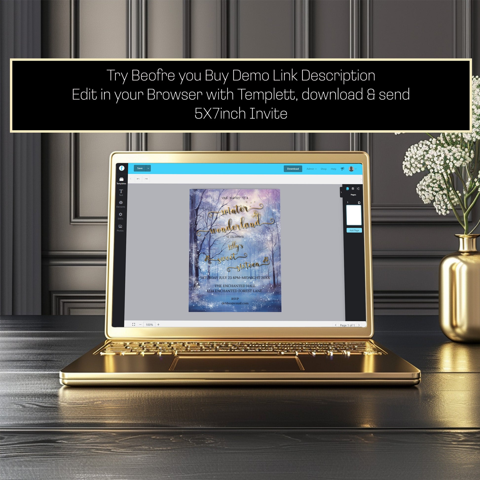 Winter Wonderland Sweet 16 Invitation | Editable Party Template