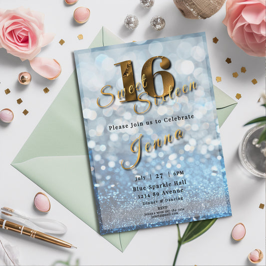 Light Blue Sweet 16 Invitation – Silver Glitter Editable Template