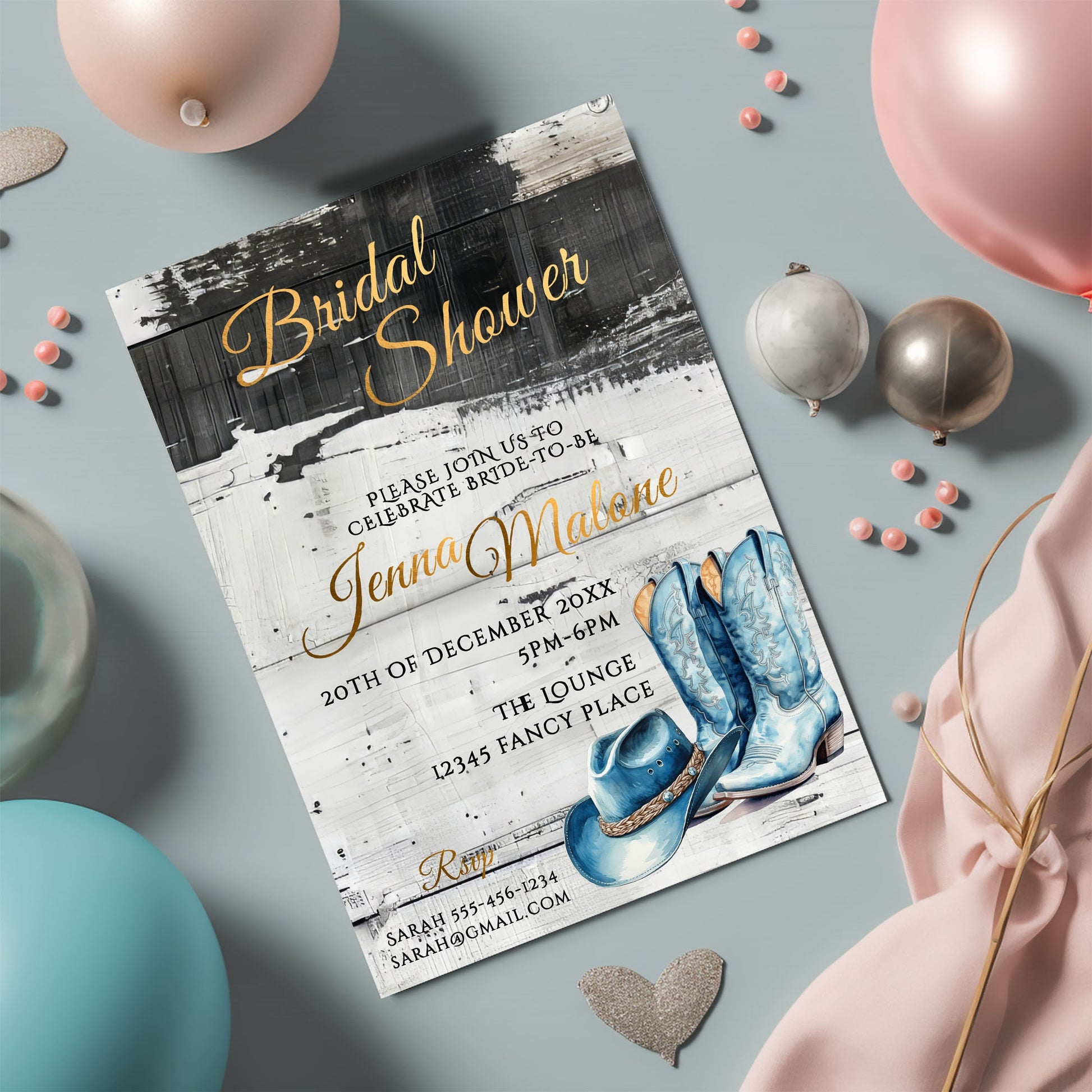 Blue Coastal Cowgirl Bridal Shower Invitation Template | Rustic Gold