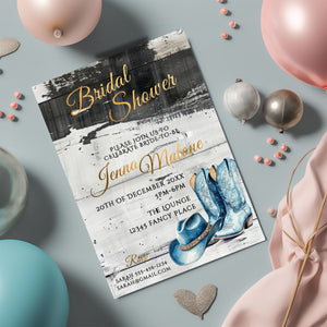 Blue Coastal Cowgirl Bridal Shower Invitation Template | Rustic Gold