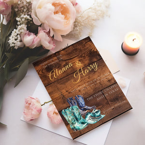 Turquoise Cowgirl Wedding Invite- Western Rustic Wedding-cowgirl boots-Template Editable - Gold Lettering, 5x7 Printable