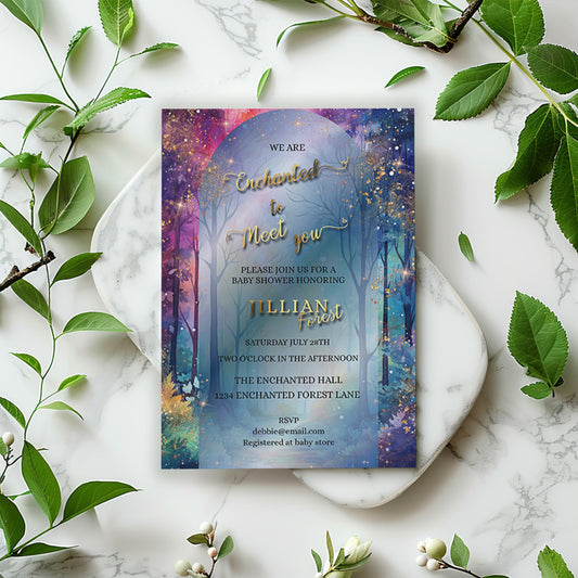 Enchanted Forest Baby Shower Invitation – Gold Foil Editable Template