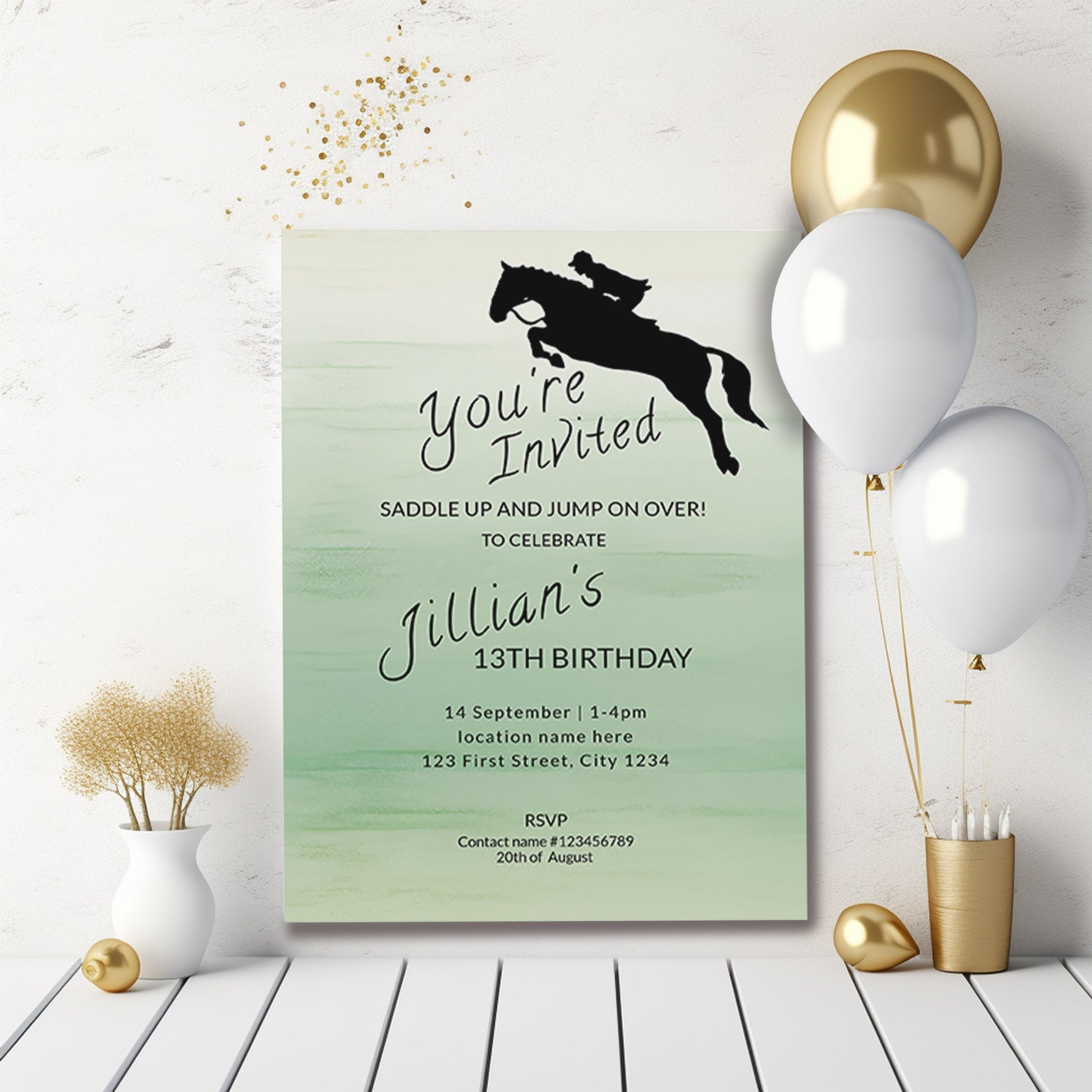 Sage Green Horse Jumping Birthday invite